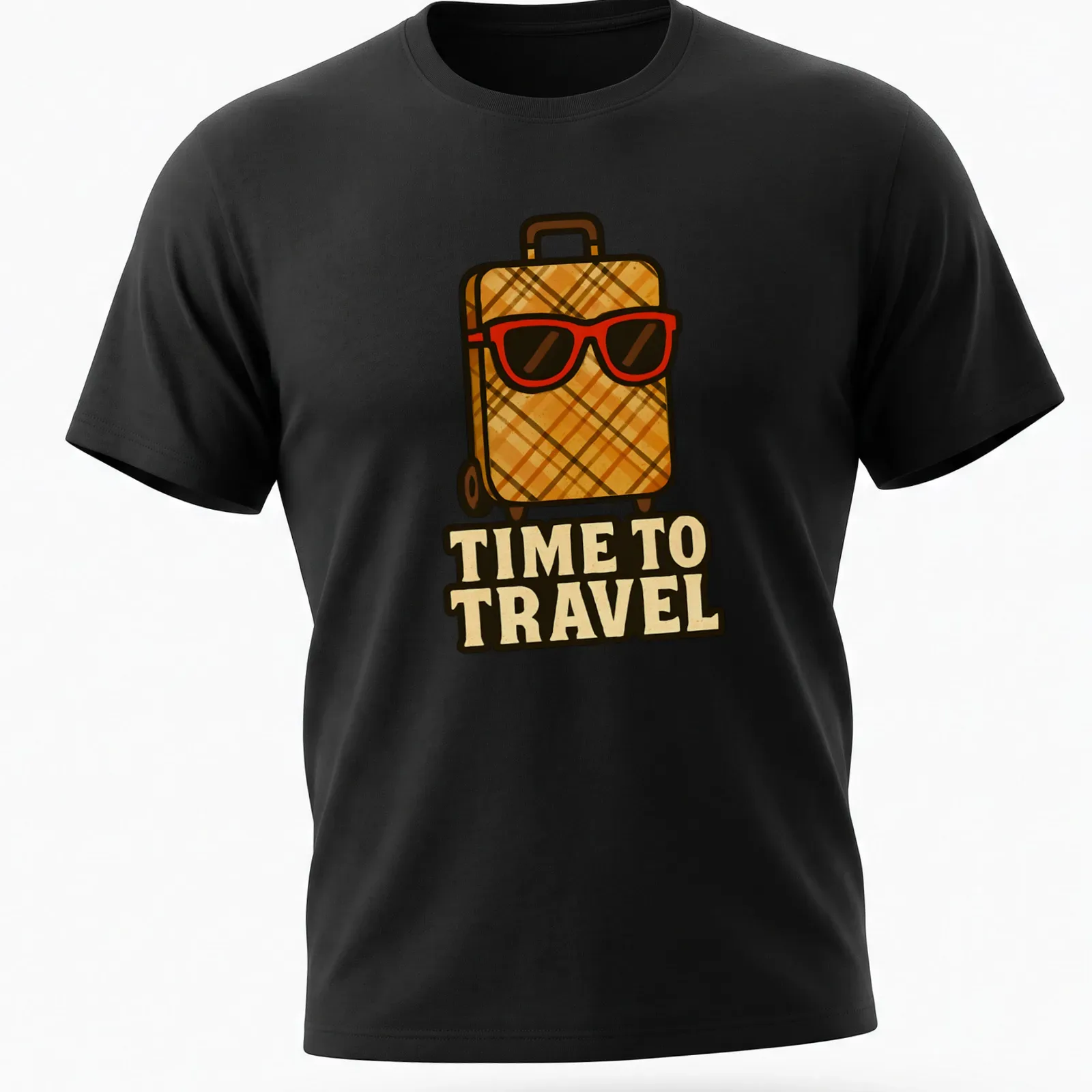 Funny retro design featuring a suitcase with sunglasses and the words 'TIME TO TRAVEL' — printed on a unisex t-shirt