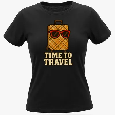 Funny retro design featuring a suitcase with sunglasses and the words 'TIME TO TRAVEL' — printed on a women's shirt