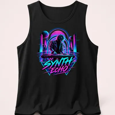 Retro pop art design of a musician playing keyboard with colorful elements — printed on a tank top