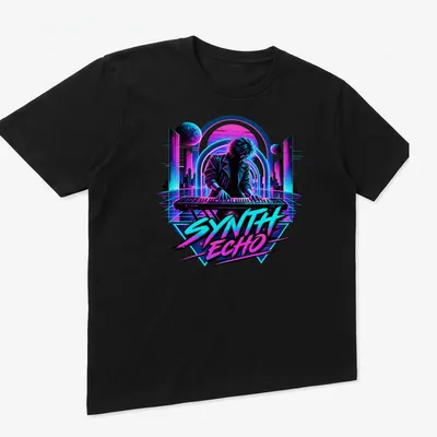 Retro pop art design of a musician playing keyboard with colorful elements — printed on a unisex t-shirt (angled view)