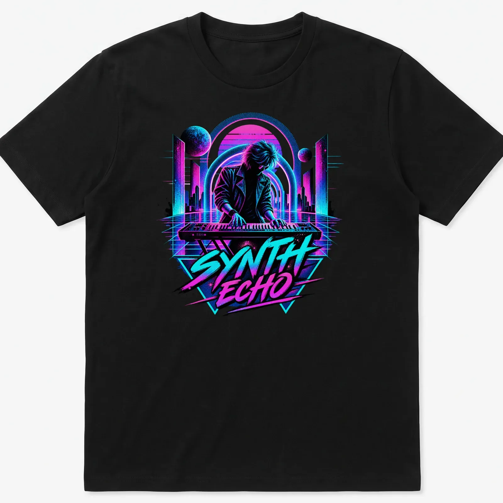 Retro pop art design of a musician playing keyboard with colorful elements — printed on a unisex t-shirt