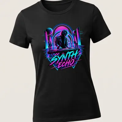 Retro pop art design of a musician playing keyboard with colorful elements — printed on a women's shirt