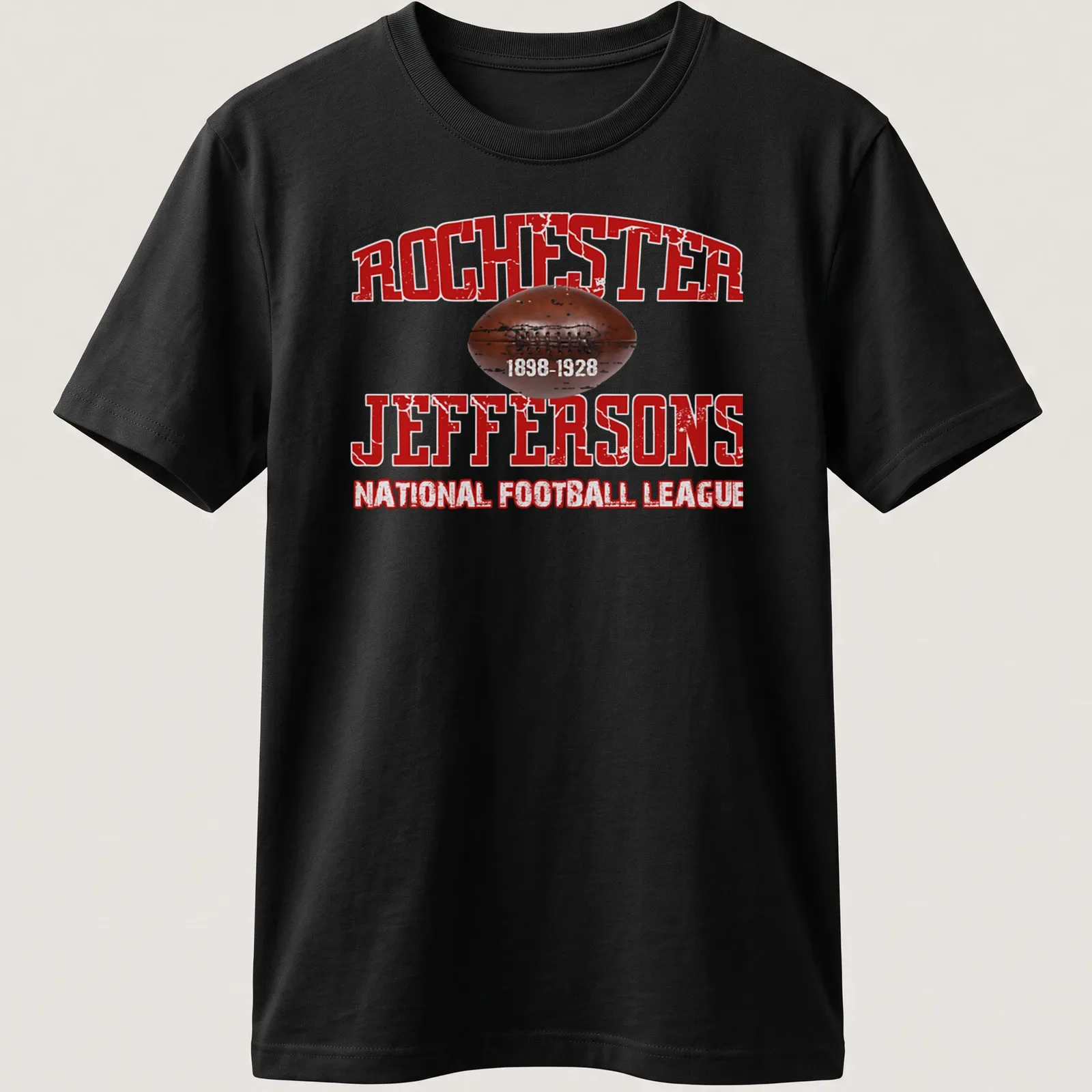 Vintage distressed Rochester Jeffersons T-shirt with historical NFL text — printed on a unisex t-shirt