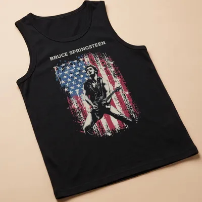 Distressed vintage Bruce Springsteen t-shirt in red, blue, and white. — printed on a tank top