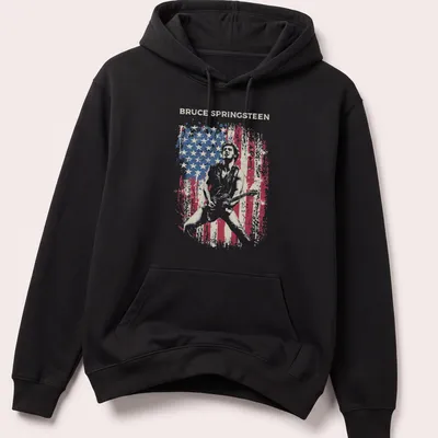 Distressed vintage Bruce Springsteen t-shirt in red, blue, and white. — printed on a unisex hoodie