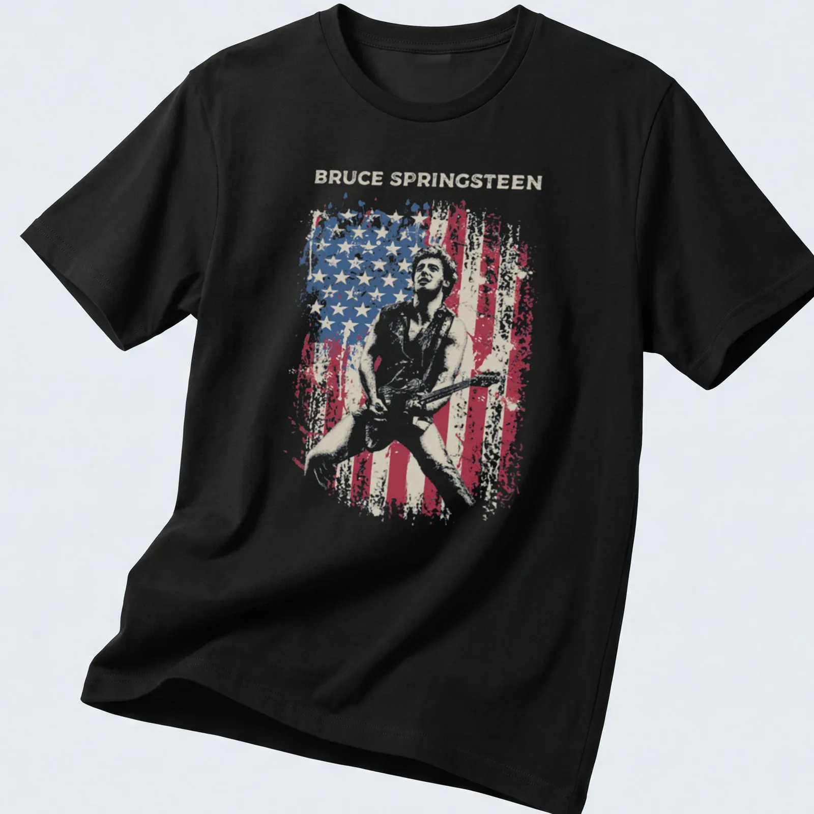 Distressed vintage Bruce Springsteen t-shirt in red, blue, and white. — printed on a unisex t-shirt