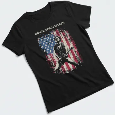 Distressed vintage Bruce Springsteen t-shirt in red, blue, and white. — printed on a women's shirt