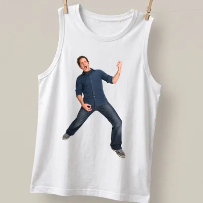 Energetic man illustration in blue, black, and grey colors for a fun — printed on a tank top