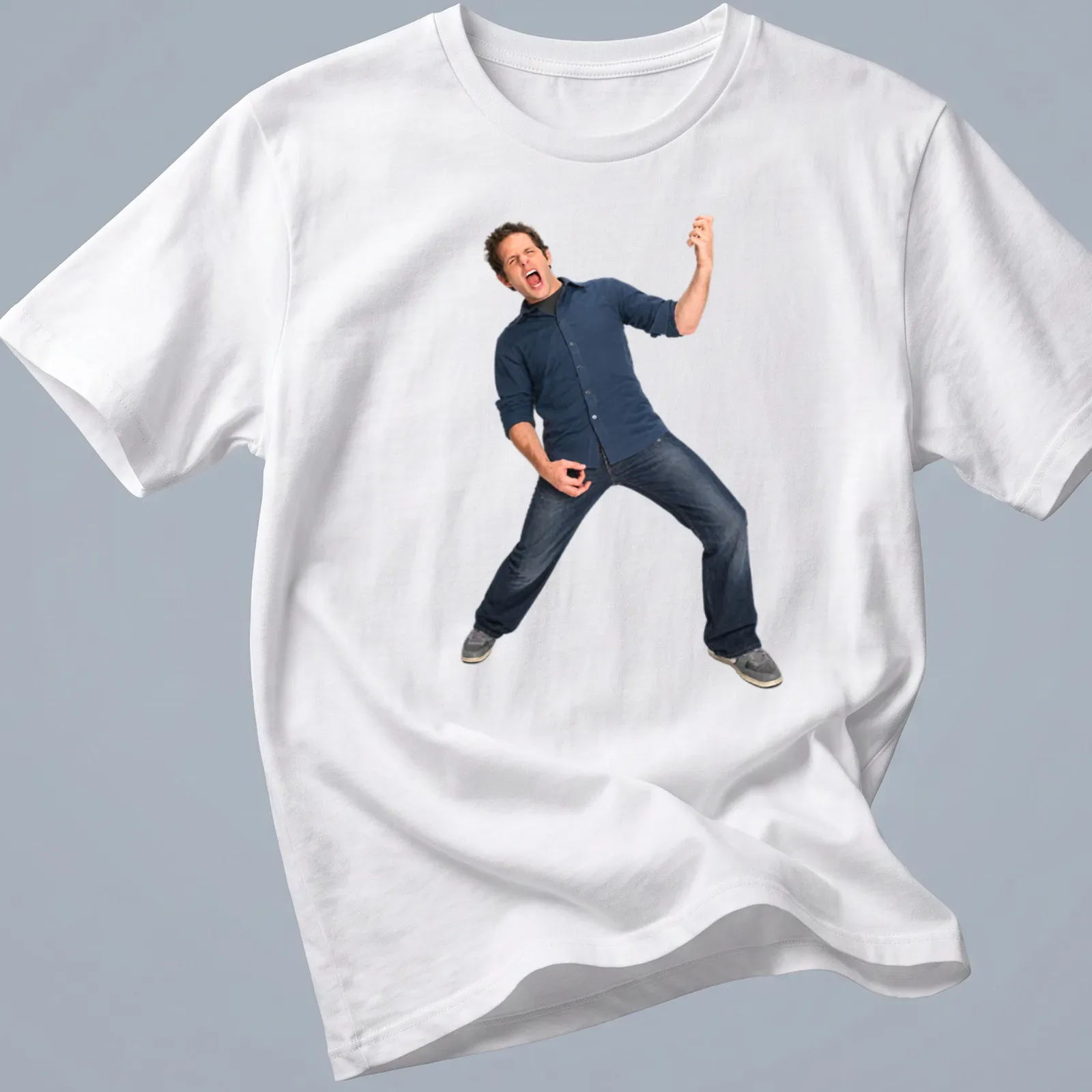 Energetic man illustration in blue, black, and grey colors for a fun — printed on a unisex t-shirt