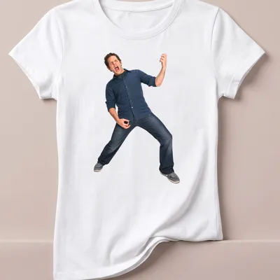 Energetic man illustration in blue, black, and grey colors for a fun — printed on a women's shirt