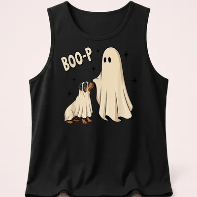 Cartoon of a Rottweiler ghost with Boo-P text, in black and white — printed on a tank top
