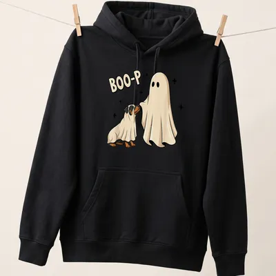 Cartoon of a Rottweiler ghost with Boo-P text, in black and white — printed on a unisex hoodie