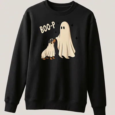 Cartoon of a Rottweiler ghost with Boo-P text, in black and white — printed on a unisex sweatshirt