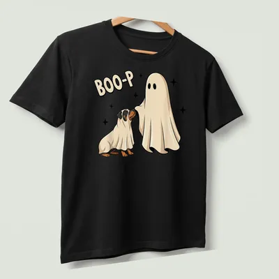 Cartoon of a Rottweiler ghost with Boo-P text, in black and white — printed on a unisex t-shirt (angled view)
