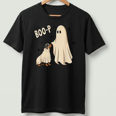 Cartoon of a Rottweiler ghost with Boo-P text, in black and white
