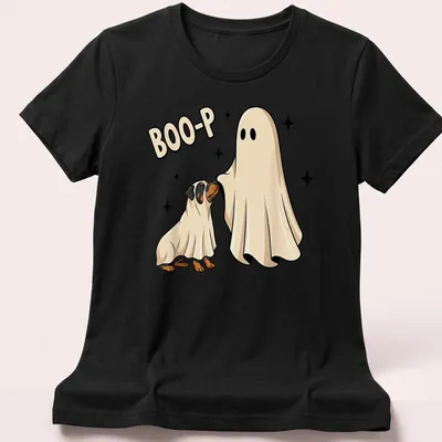 Cartoon of a Rottweiler ghost with Boo-P text, in black and white — printed on a women's shirt