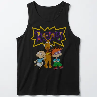 Cartoon Rugrats design featuring two babies and a brown dog in bright colors — printed on a tank top