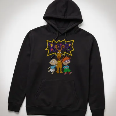 Cartoon Rugrats design featuring two babies and a brown dog in bright colors — printed on a unisex hoodie