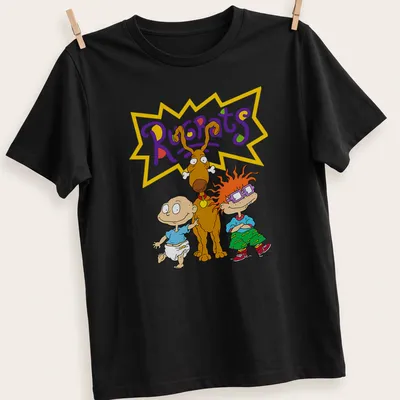 Cartoon Rugrats design featuring two babies and a brown dog in bright colors