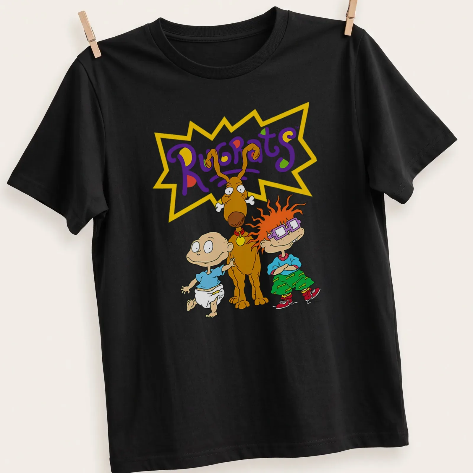Cartoon Rugrats design featuring two babies and a brown dog in bright colors — printed on a unisex t-shirt