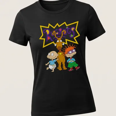 Cartoon Rugrats design featuring two babies and a brown dog in bright colors — printed on a women's shirt