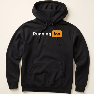 Bold typography Running Fan shirt in black, orange, and white colors. — printed on a unisex hoodie