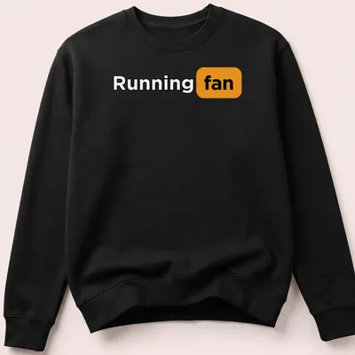 Bold typography Running Fan shirt in black, orange, and white colors. — printed on a unisex sweatshirt