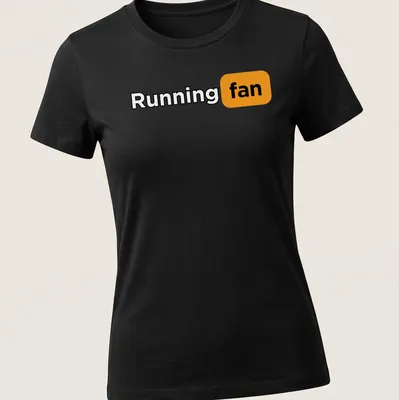 Bold typography Running Fan shirt in black, orange, and white colors. — printed on a women's shirt