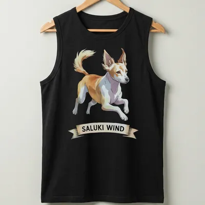Illustration of a Saluki dog running, with the text 'SALUKI WIND' in a playful font. — printed on a tank top