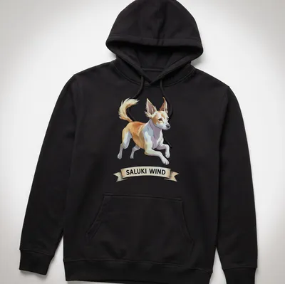 Illustration of a Saluki dog running, with the text 'SALUKI WIND' in a playful font. — printed on a unisex hoodie