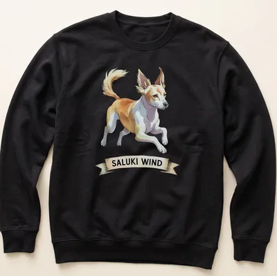 Illustration of a Saluki dog running, with the text 'SALUKI WIND' in a playful font. — printed on a unisex sweatshirt