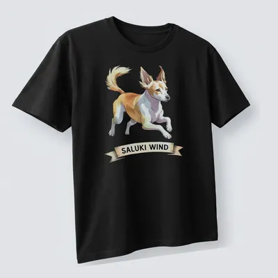 Illustration of a Saluki dog running, with the text 'SALUKI WIND' in a playful font. — printed on a unisex t-shirt (angled view)