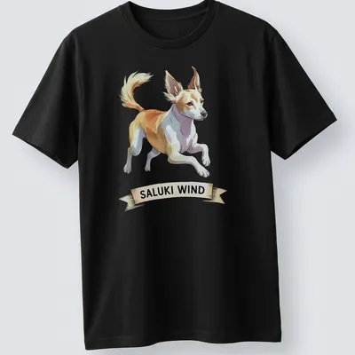 Illustration of a Saluki dog running, with the text 'SALUKI WIND' in a playful font.