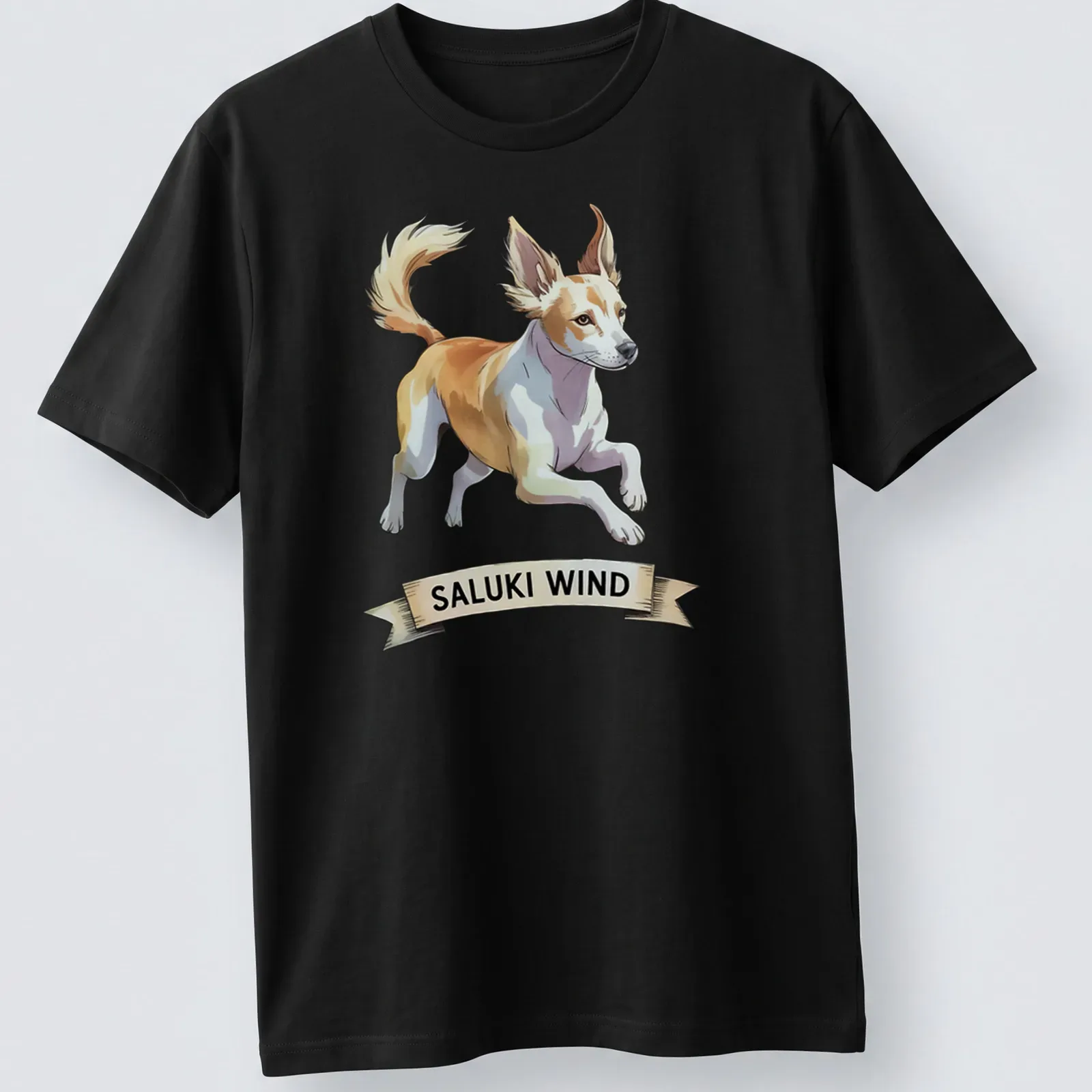 Illustration of a Saluki dog running, with the text 'SALUKI WIND' in a playful font. — printed on a unisex t-shirt