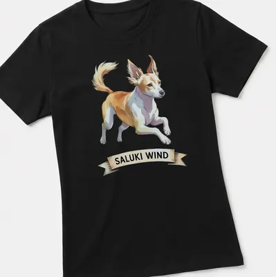 Illustration of a Saluki dog running, with the text 'SALUKI WIND' in a playful font. — printed on a women's shirt