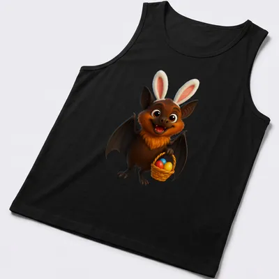 Kawaii cartoon Samoan flying fox holding an Easter basket filled with colorful eggs — printed on a tank top