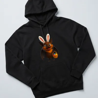 Kawaii cartoon Samoan flying fox holding an Easter basket filled with colorful eggs — printed on a unisex hoodie