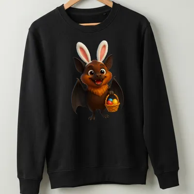 Kawaii cartoon Samoan flying fox holding an Easter basket filled with colorful eggs — printed on a unisex sweatshirt