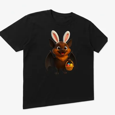 Kawaii cartoon Samoan flying fox holding an Easter basket filled with colorful eggs — printed on a unisex t-shirt (angled view)