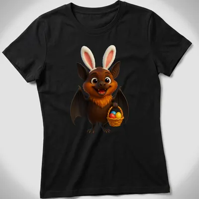 Kawaii cartoon Samoan flying fox holding an Easter basket filled with colorful eggs — printed on a women's shirt