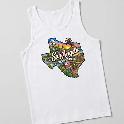 Vibrant illustration of San Angelo Texas State Park with colorful text — printed on a tank top