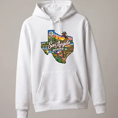 Vibrant illustration of San Angelo Texas State Park with colorful text — printed on a unisex hoodie