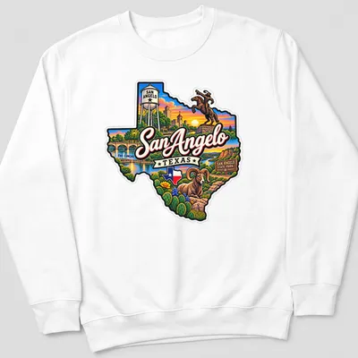 Vibrant illustration of San Angelo Texas State Park with colorful text — printed on a unisex sweatshirt