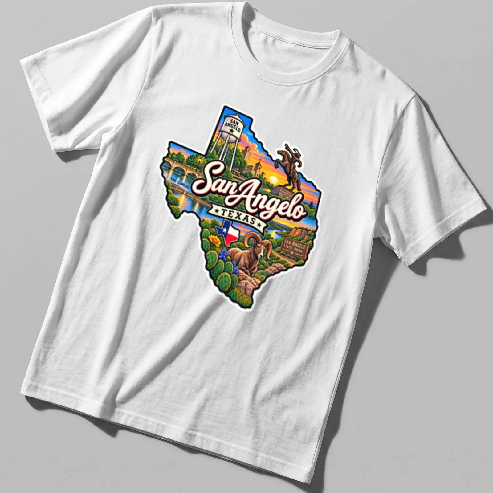 Vibrant illustration of San Angelo Texas State Park with colorful text — printed on a unisex t-shirt