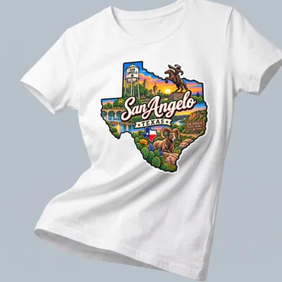 Vibrant illustration of San Angelo Texas State Park with colorful text — printed on a women's shirt