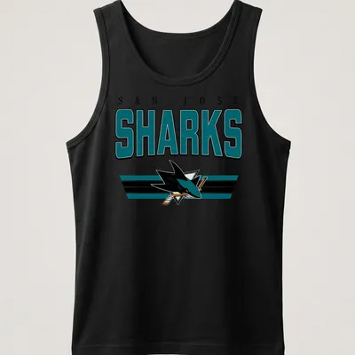 Retro T-shirt featuring the San Jose Sharks team name in bold colors. — printed on a tank top