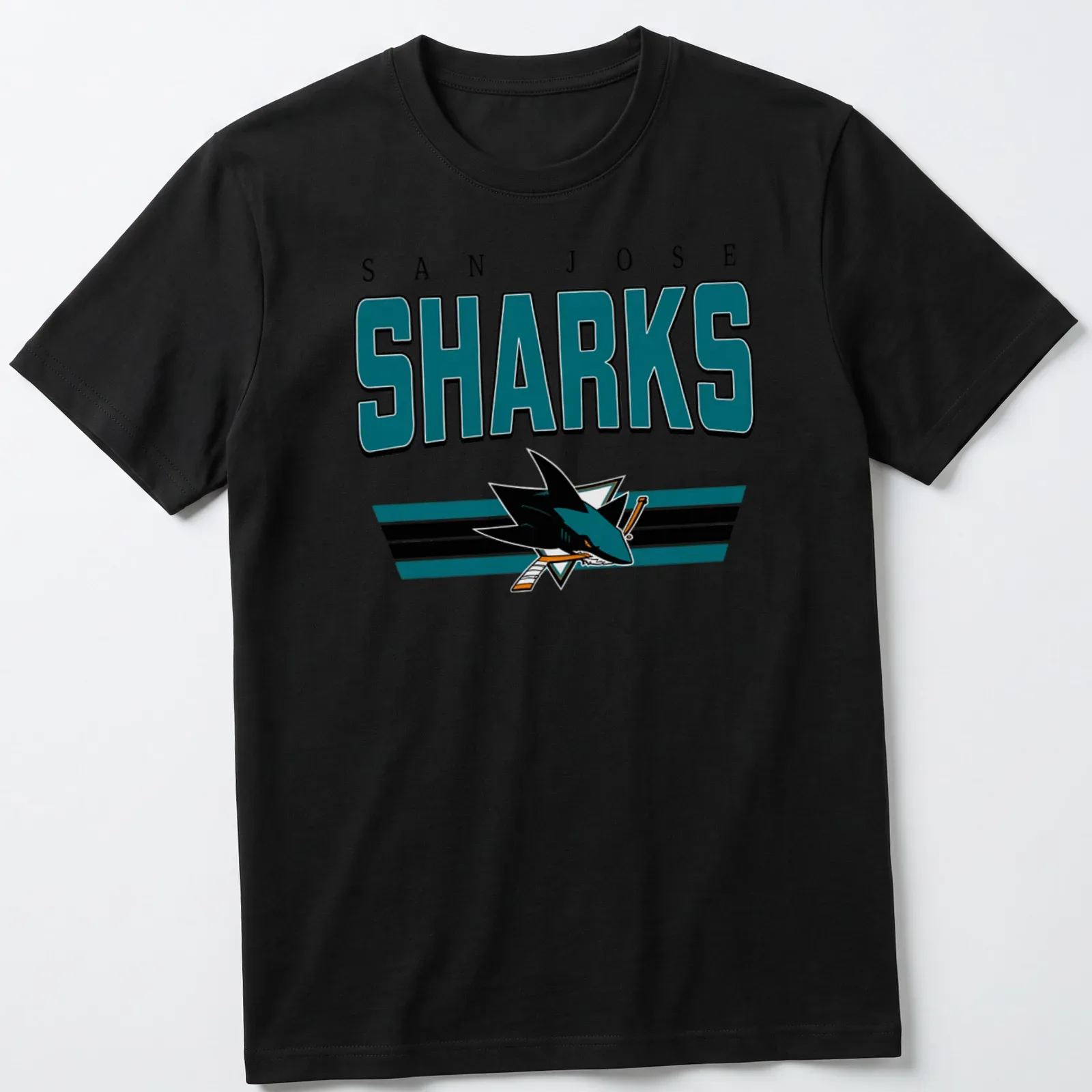 Retro T-shirt featuring the San Jose Sharks team name in bold colors. — printed on a unisex t-shirt