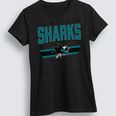 Retro T-shirt featuring the San Jose Sharks team name in bold colors. — printed on a women's shirt