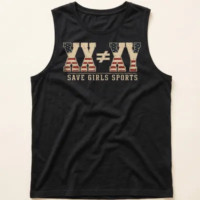 Vintage distressed tee with text and American flag pattern supporting girls sports — printed on a tank top