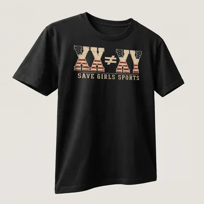 Vintage distressed tee with text and American flag pattern supporting girls sports — printed on a unisex t-shirt (angled view)